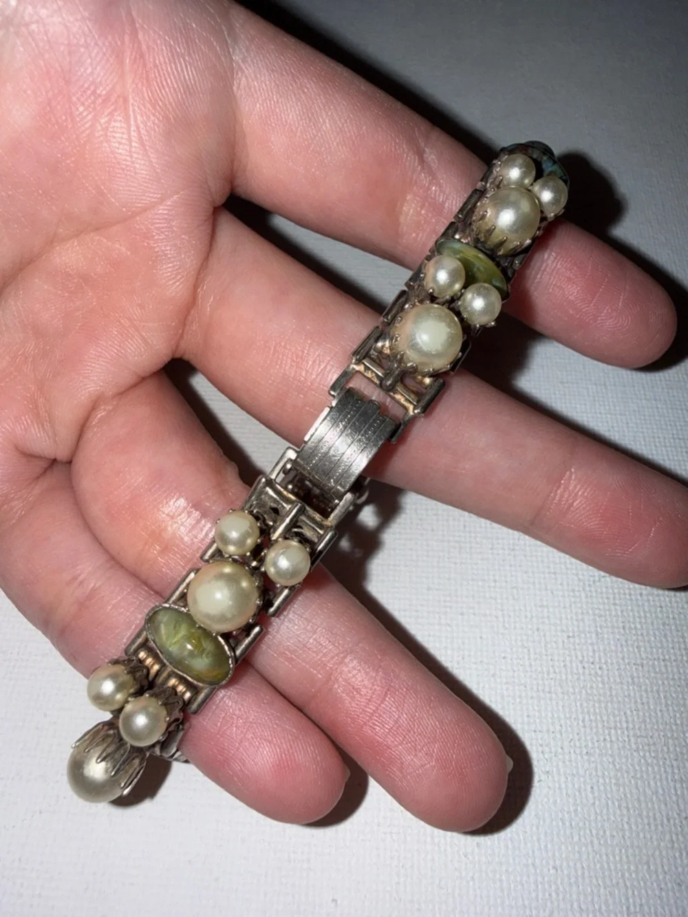 Elegant Antique Rare Multi-Color Faux Pearl and Cabochon Stretch Bracelet